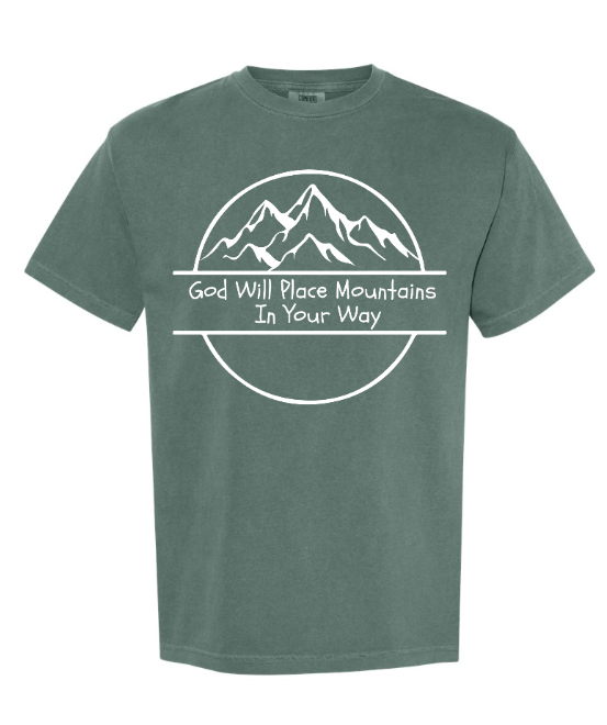 God Will Place Mountains Adult Tee (White Logo)